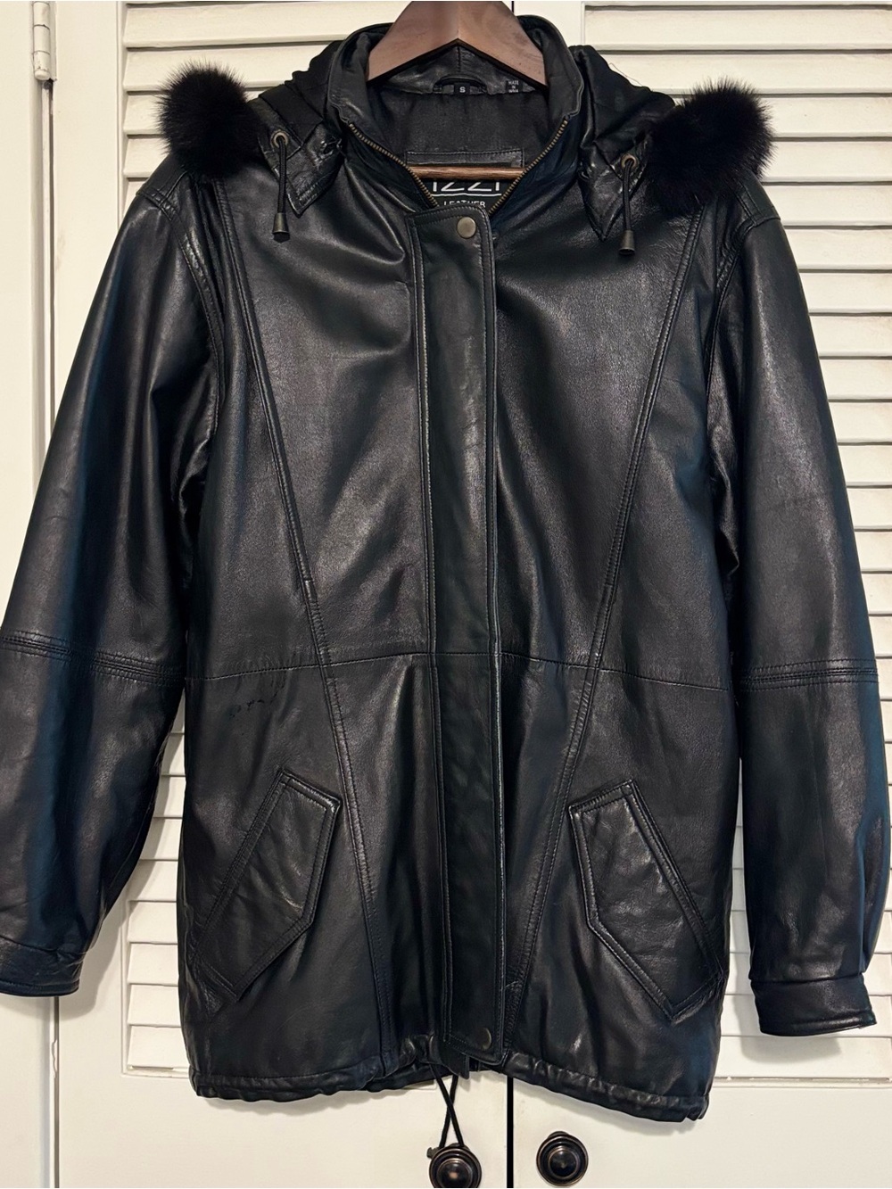Izzi Black Leather Hooded Coat with Fur Trim